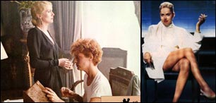 Exemplifying Lesbian Chic in Hollywood : Catherine Deneuve as the queen vampire in The Hunger with rapt victim Susan Sarandon, and Sharon Stone in Basic Instinct (c) D.R.